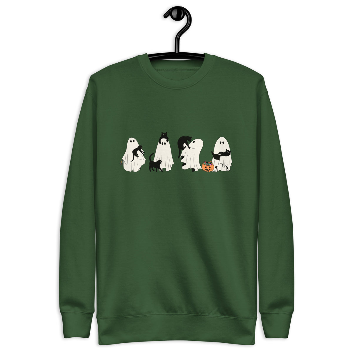 Ghosts and Cats Halloween premium sweatshirt in Forest Green, front view