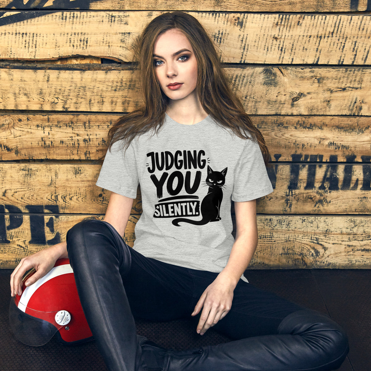 Judging You Silently sitting cat tee in Athletic Heather, front view