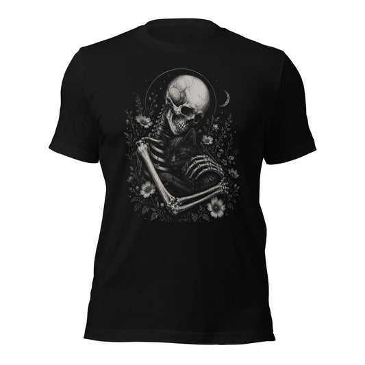 Skeleton & Black Cat Soft Tee for cat parent in Black, front view