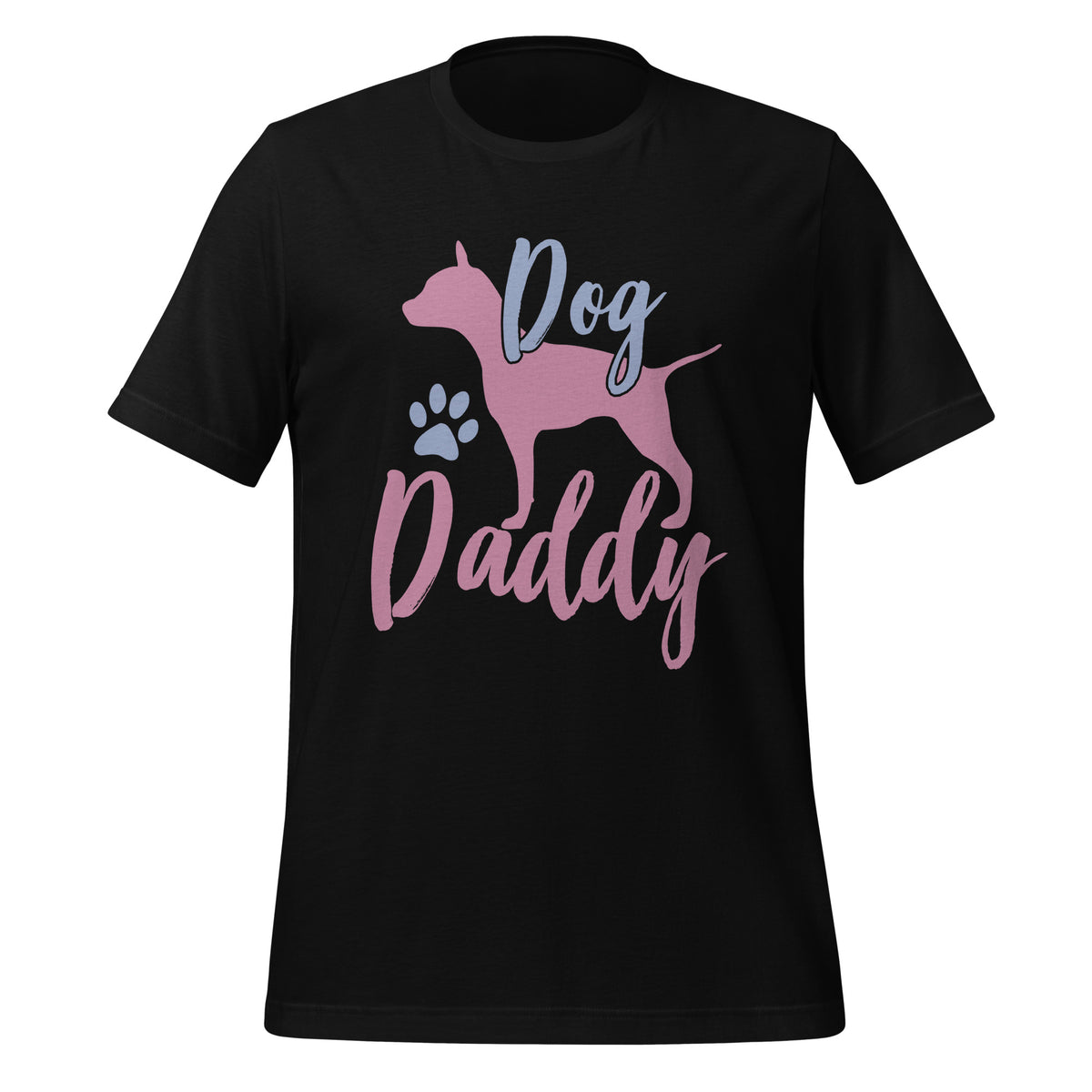 Black Dog Daddy tee with pastel pink dog silhouette and script text