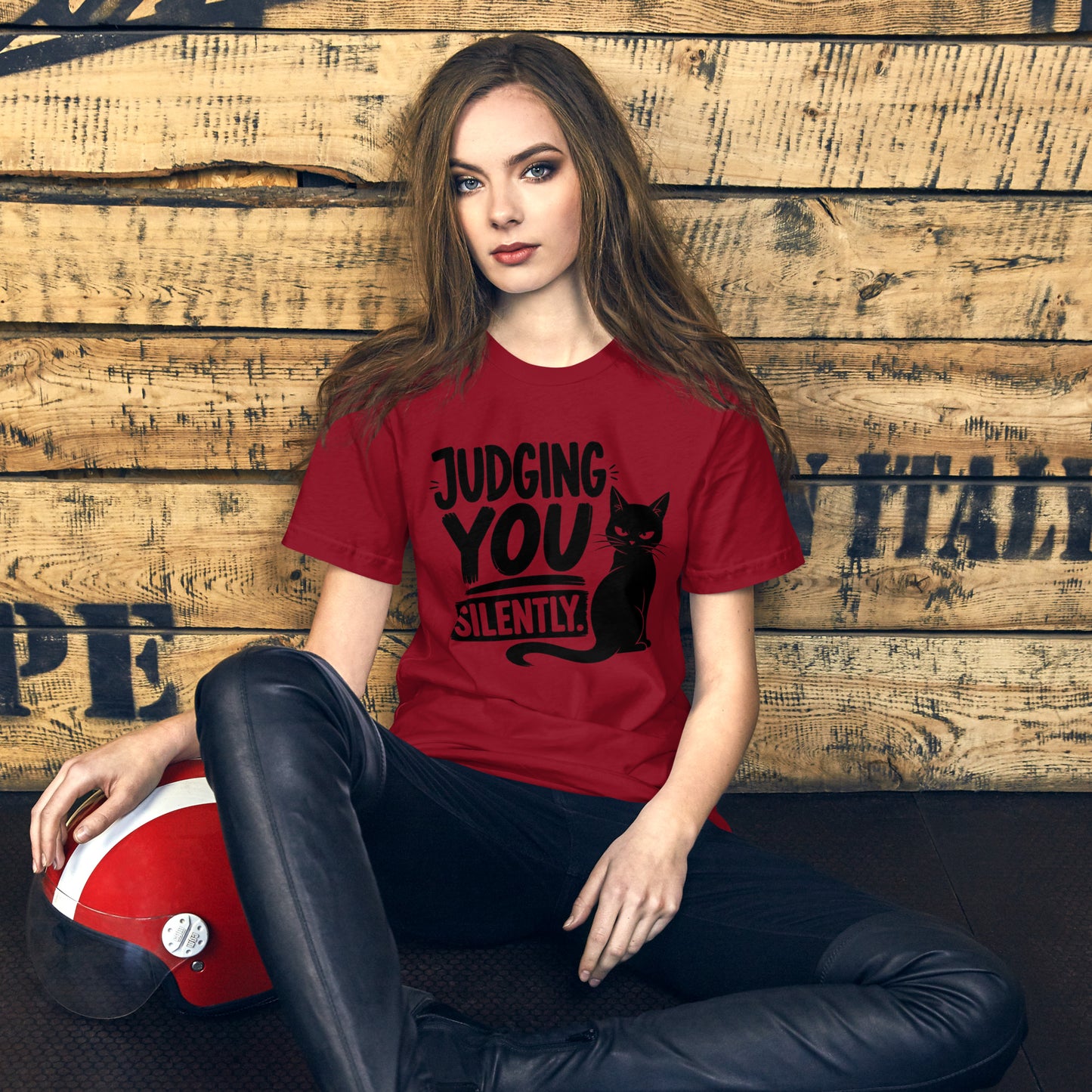Judging You Silently sitting cat tee in Cardinal, front view