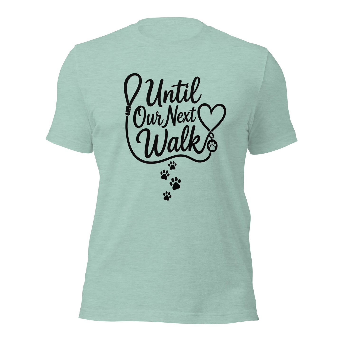Until Our Next Walk dog memorial tee in Heather Prism Dusty Blue, front view