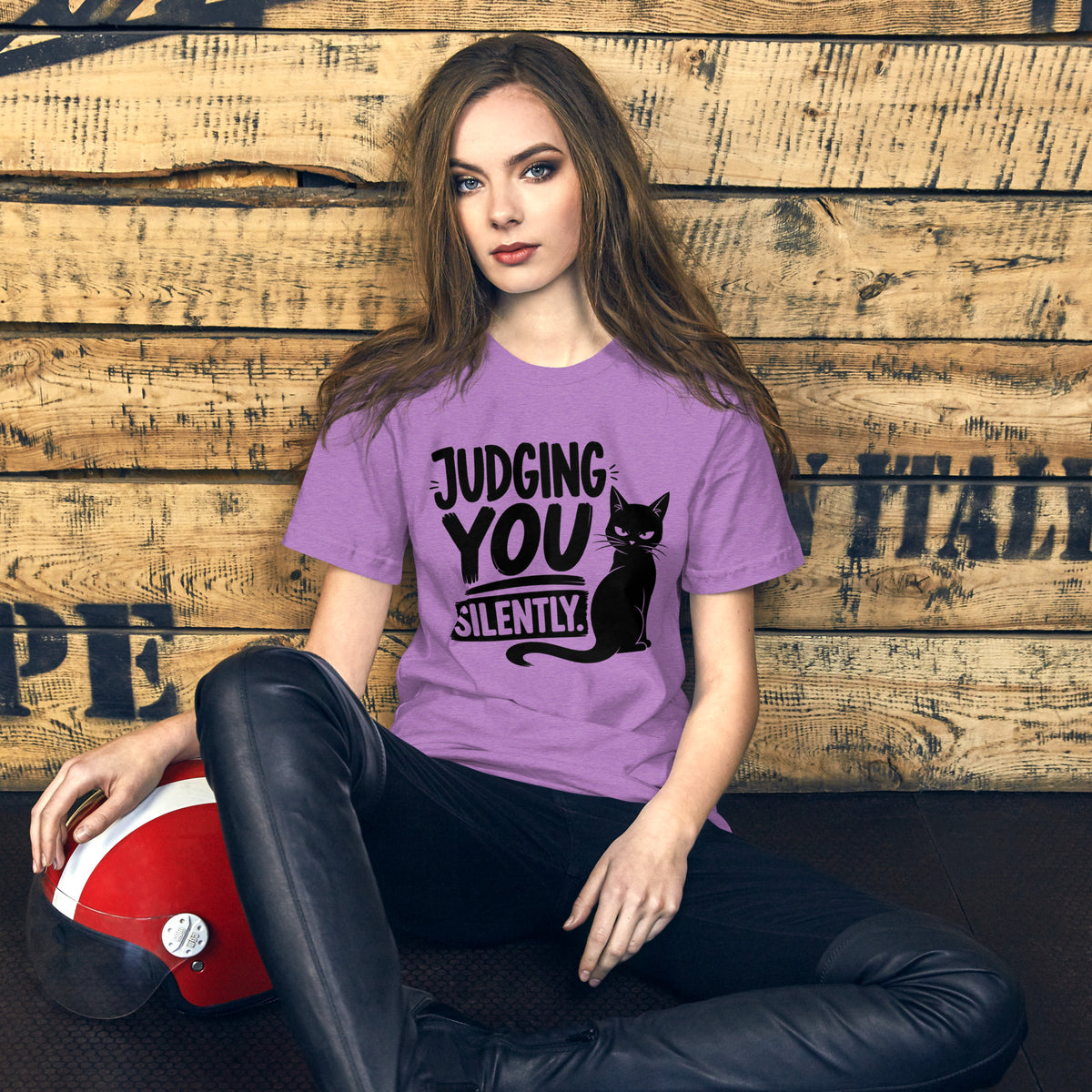 Judging You Silently sitting cat tee in Heather Team Purple, front view