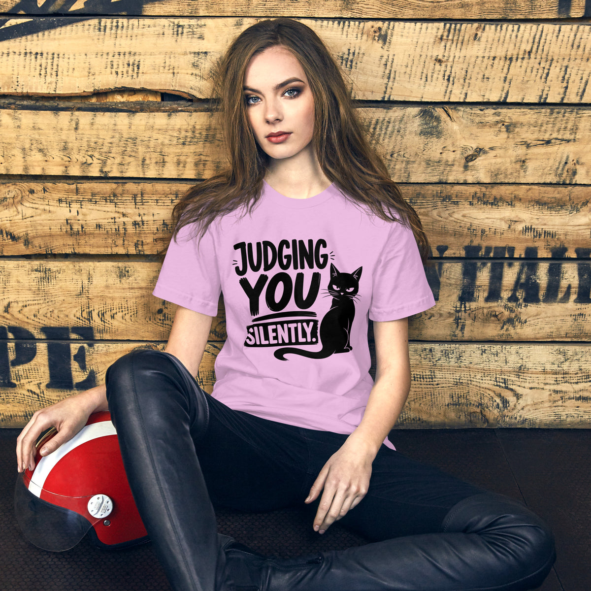 Judging You Silently sitting cat tee in Lilac, front view