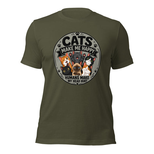 Cats Make Me Happy Humans Make My Head Hurt Tee for cat parent in Military Green, product view 2