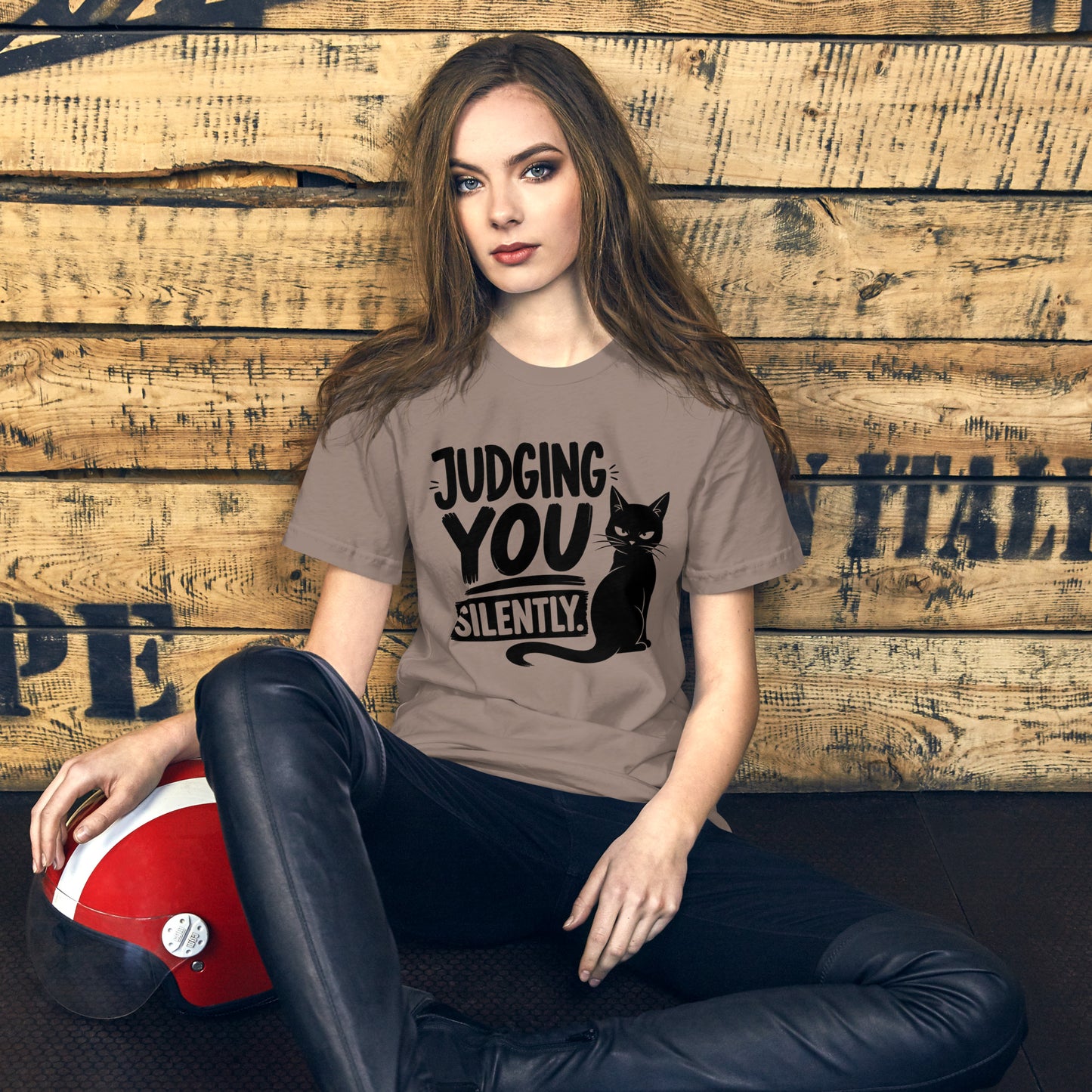 Judging You Silently sitting cat tee in Pebble, front view