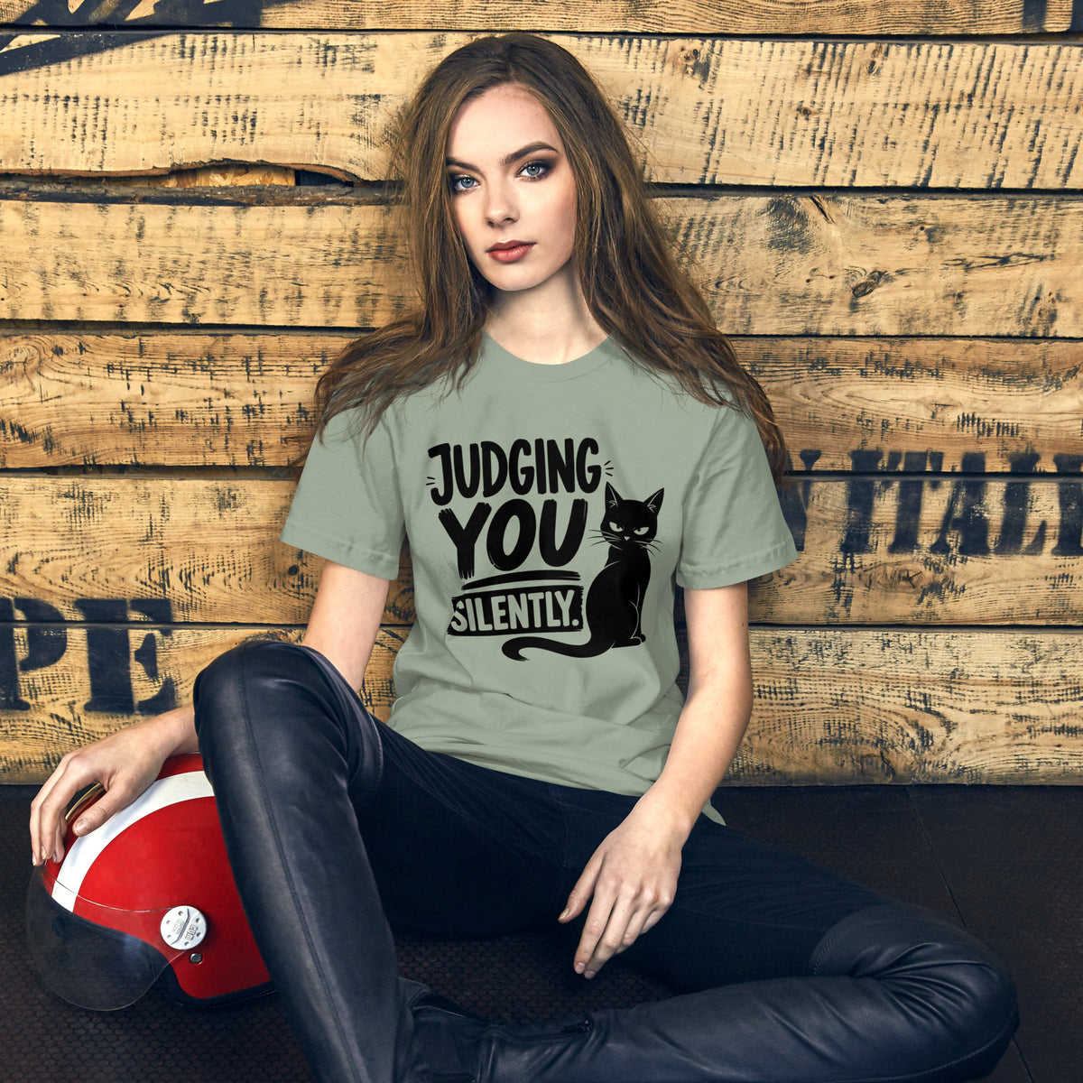 Judging You Silently sitting cat tee in Sage, front view