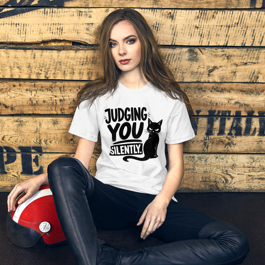 Judging You Silently sitting cat tee in Solid White Blend, front view