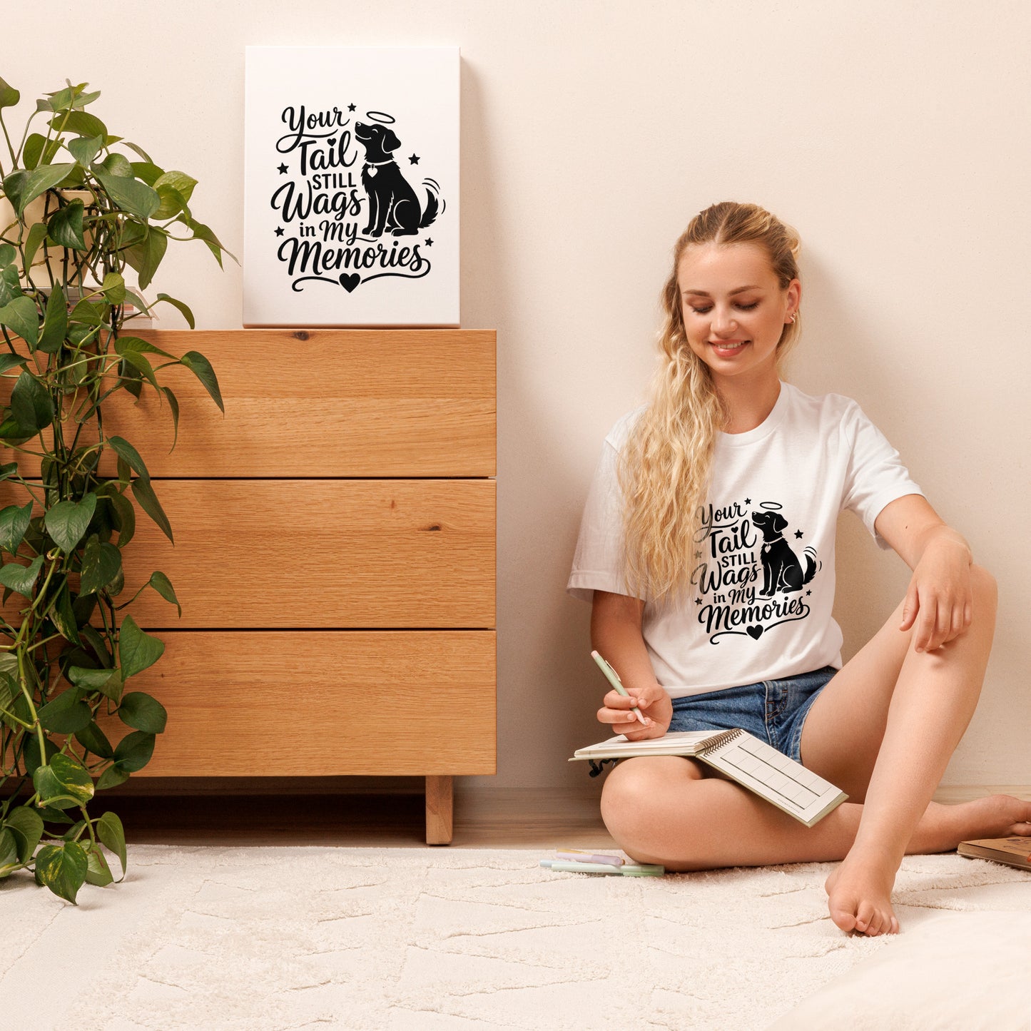 Your Tail Still Wags in My Memories dog memorial tee with halo dog silhouette, front view